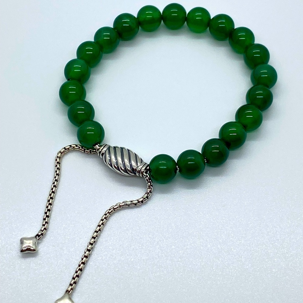 DAVID YURMAN 925 Sterling Silver 8mm Green Onyx Spiritual Beads Bracelet